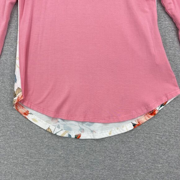 Blouse Womens Small Pink White Floral Top Long Sleeve Round Neck Curved Hemline - Picture 4 of 11